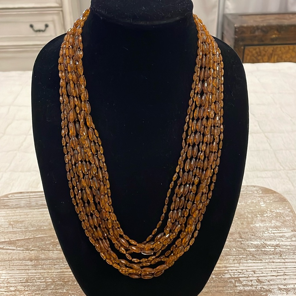 Vintage Gold Tone Amber Colored Multi Layer Strand Long Beaded Necklace